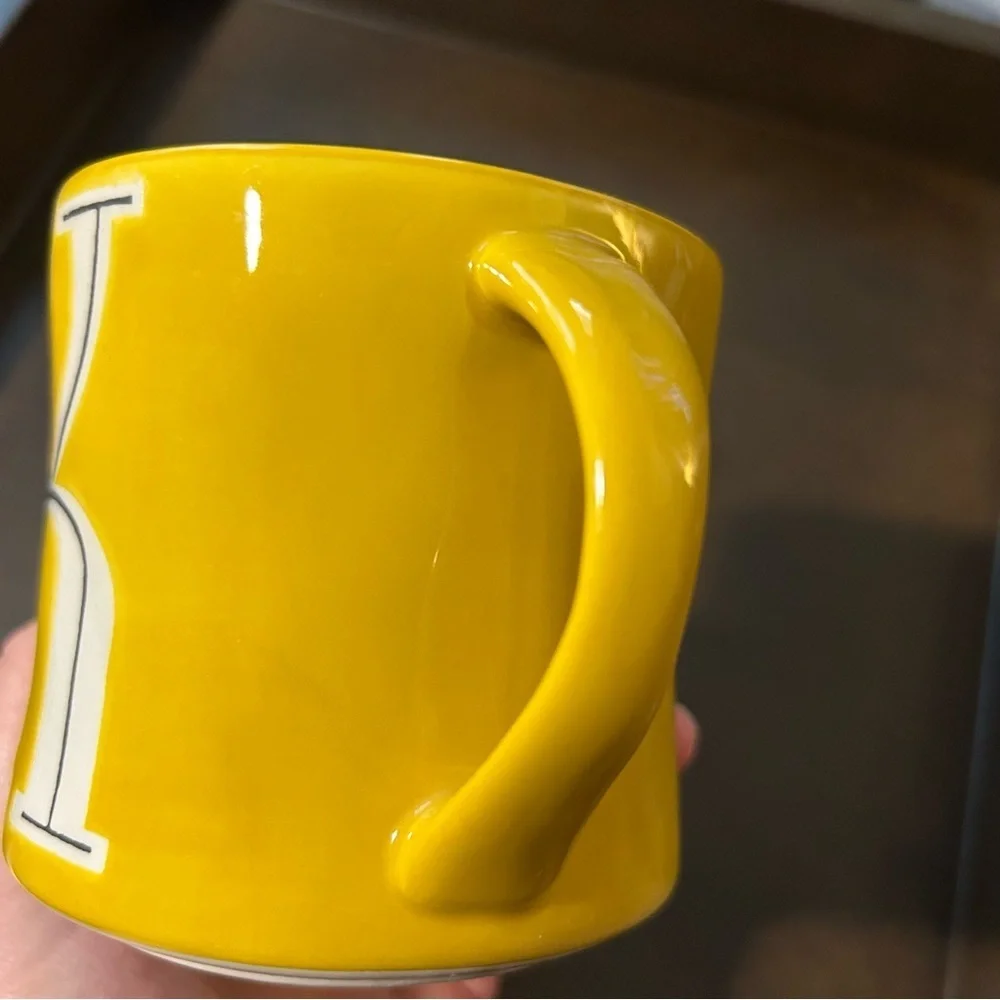 Anthropologie K Initial Mug Yellow White Monogram Hand Painted